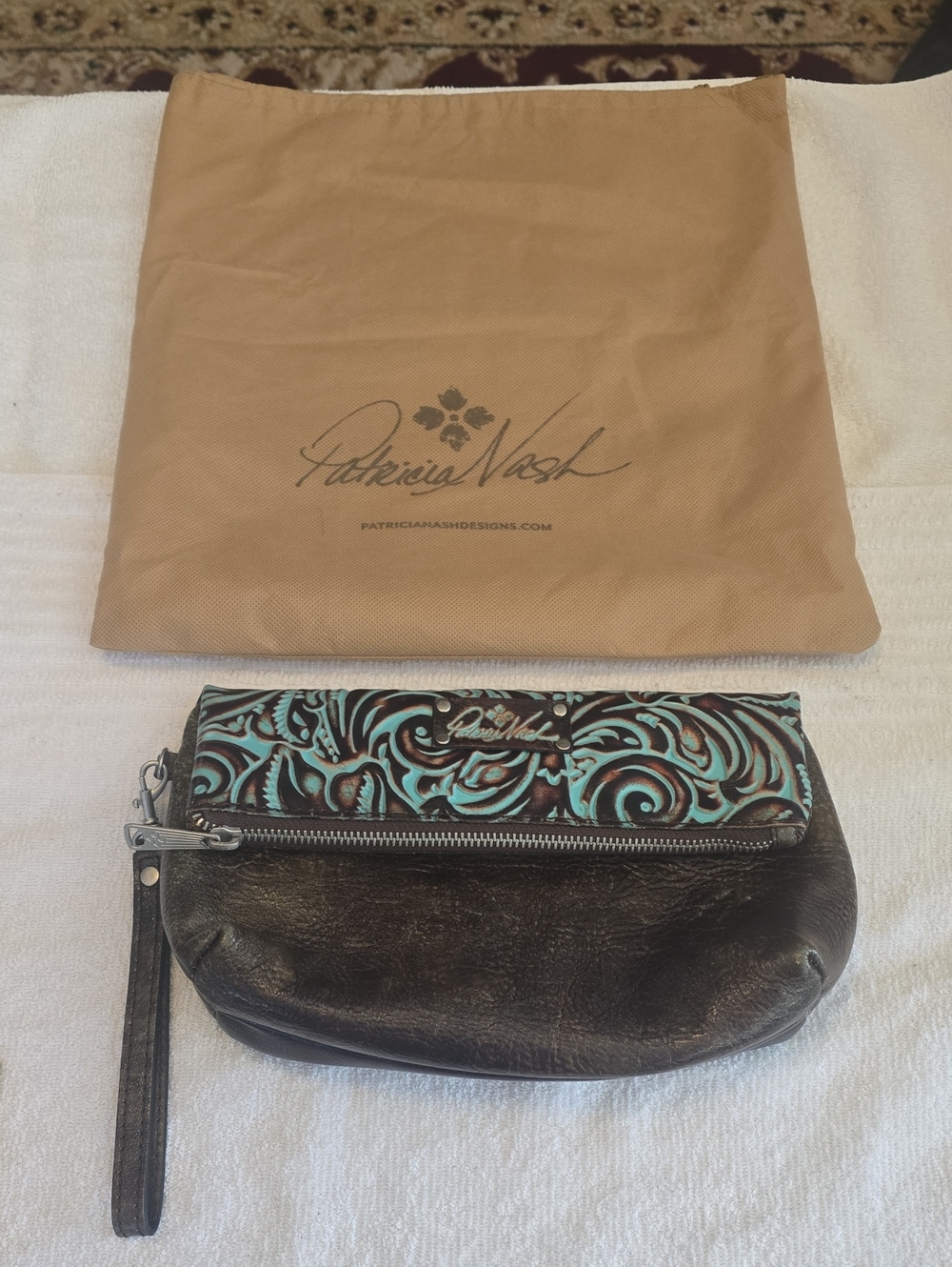 Patricia Nash Brown Leather Wristlet with Turquoise Embossed Flap